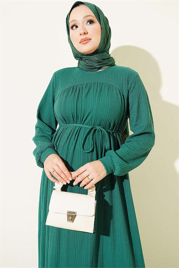 Green Dress with Self-Patterned Yoke