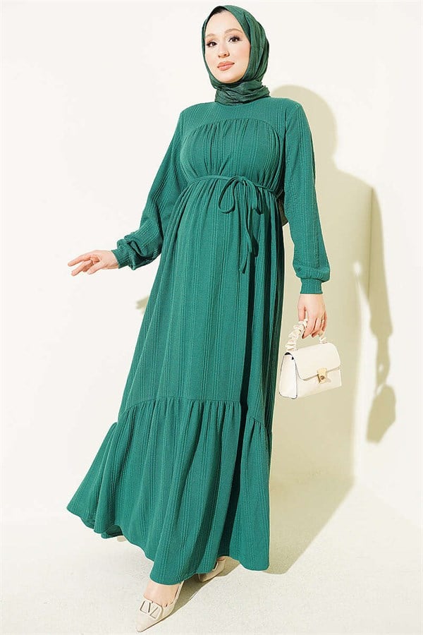 Green Dress with Self-Patterned Yoke