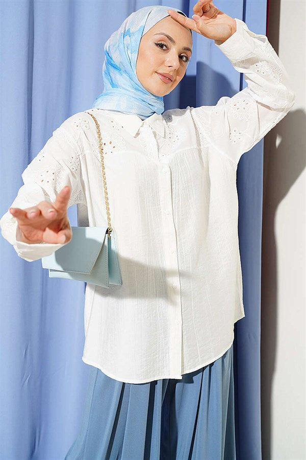 Ecru Shirt with Embroidered Sleeve Detail