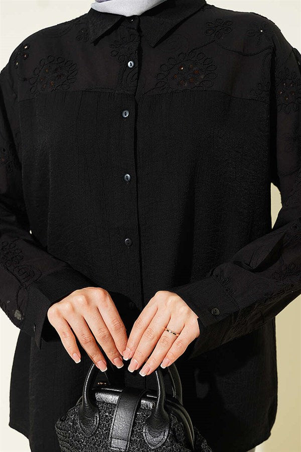 Black Shirt with Embroidered Sleeve Detail and Yoke