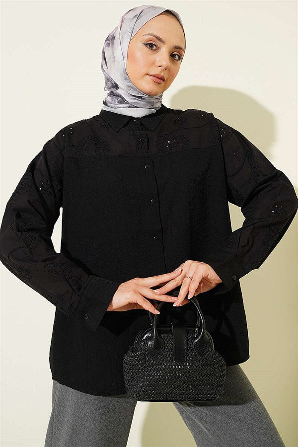Black Shirt with Embroidered Sleeve Detail and Yoke