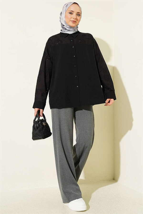 Black Shirt with Embroidered Sleeve Detail and Yoke