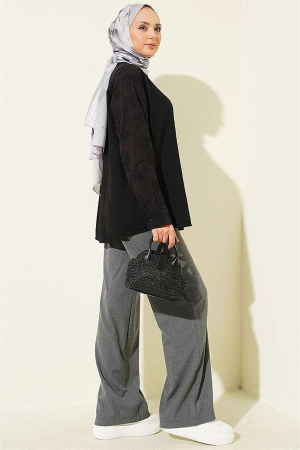 Black Shirt with Embroidered Sleeve Detail and Yoke
