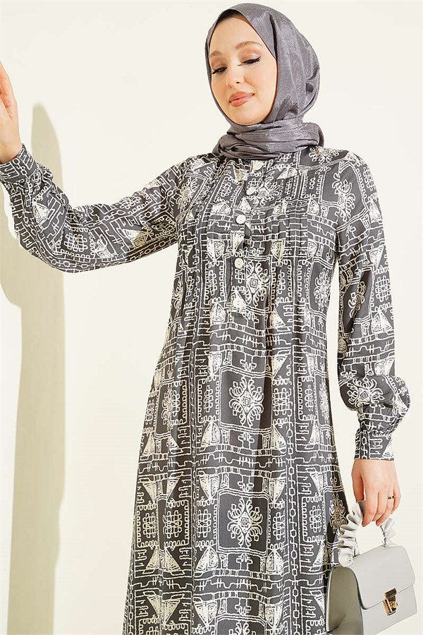Half-Buttoned Dress with Yoke, Smoke Grey