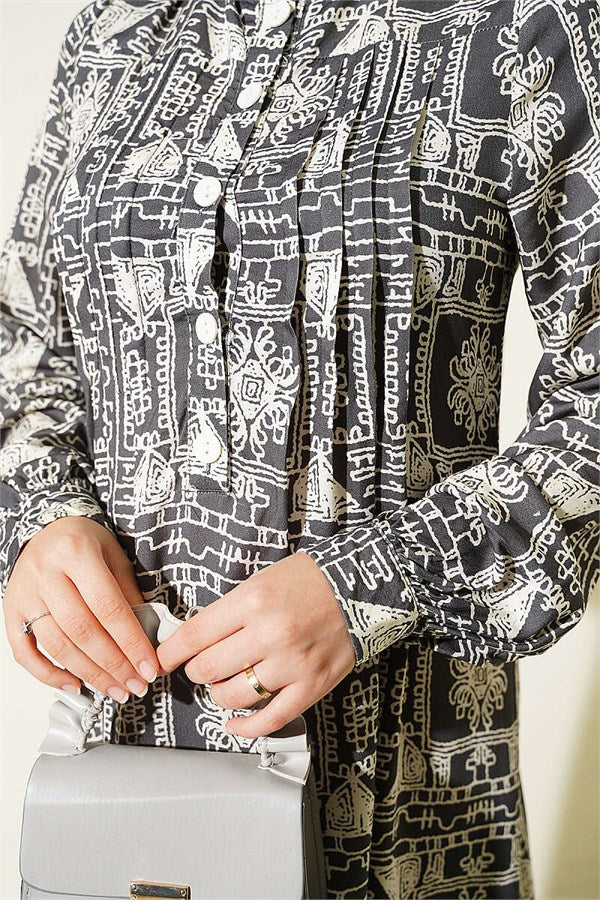 Half-Buttoned Dress with Yoke, Smoke Grey