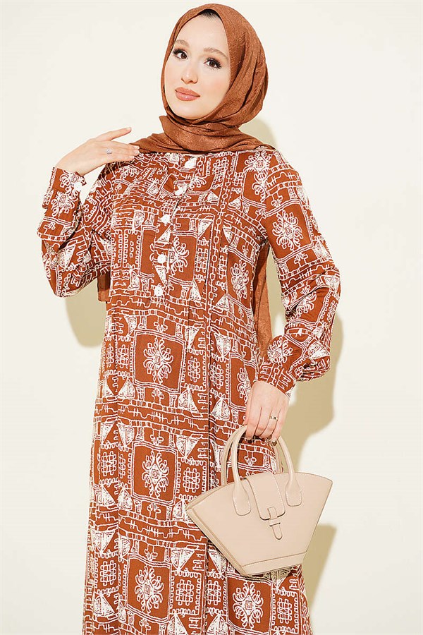 Half-Buttoned Dress with Yoke, Terracotta