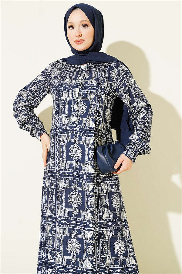 Navy Blue Half-Buttoned Dress with Yoke