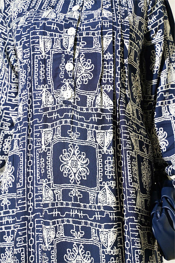Navy Blue Half-Buttoned Dress with Yoke