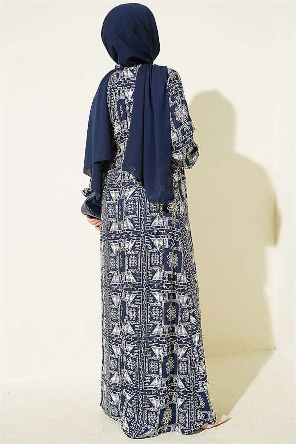 Navy Blue Half-Buttoned Dress with Yoke