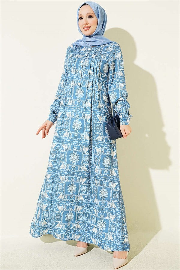 Half-Buttoned Dress with Yoke, Blue
