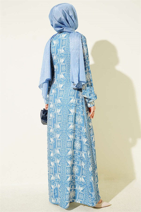 Half-Buttoned Dress with Yoke, Blue