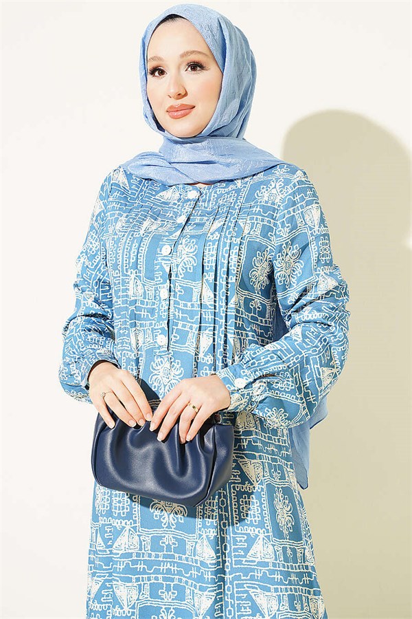 Half-Buttoned Dress with Yoke, Blue