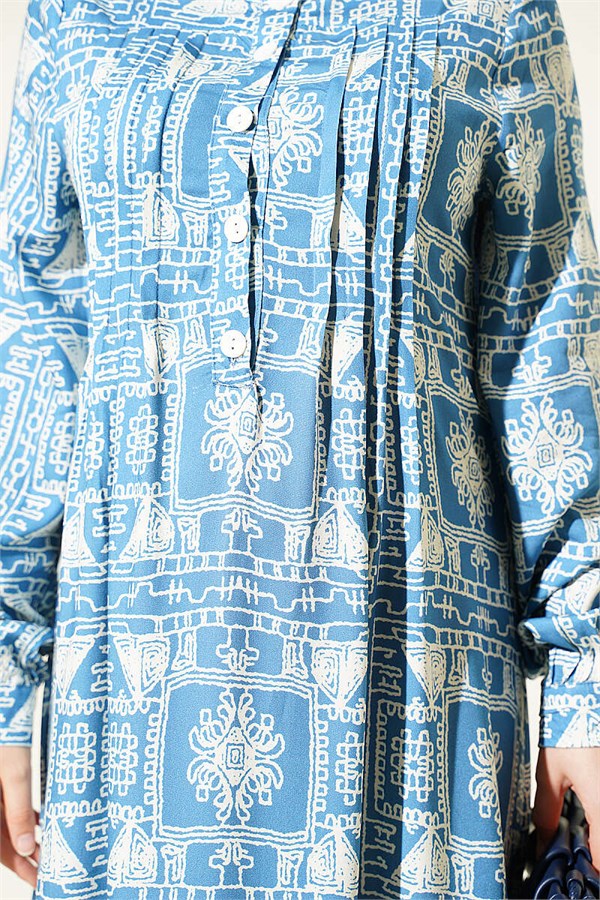 Half-Buttoned Dress with Yoke, Blue