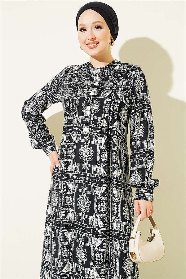 Black Half-Buttoned Dress with Yoke