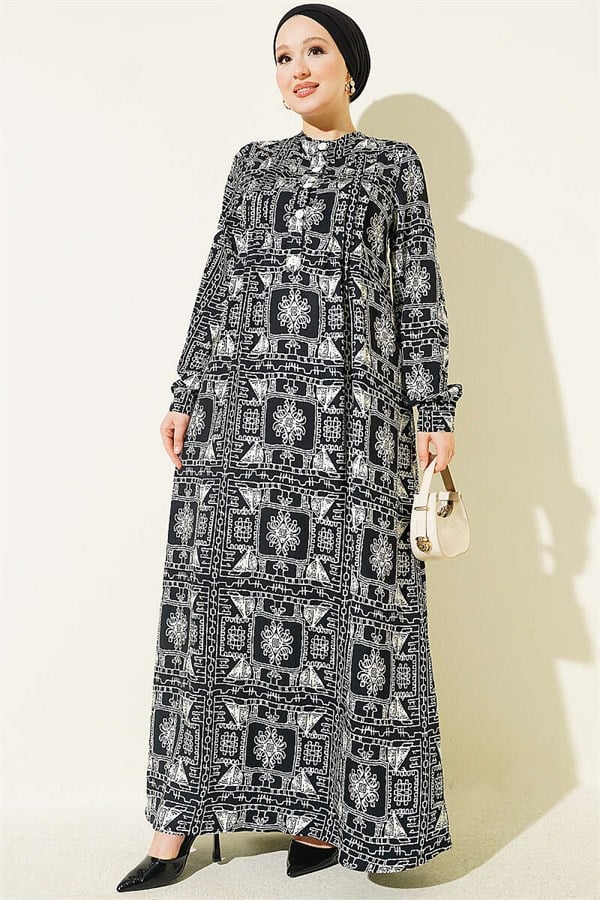 Black Half-Buttoned Dress with Yoke