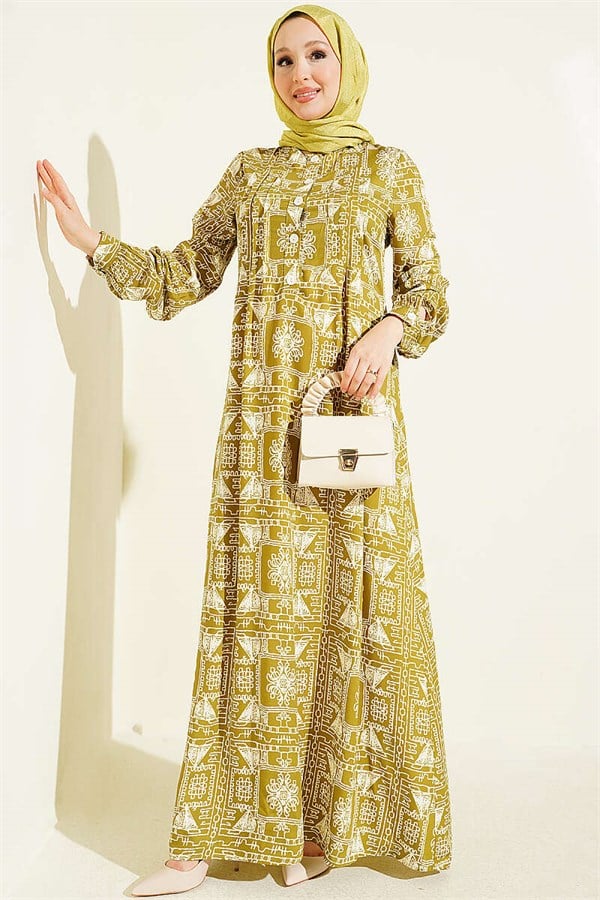 Half-Buttoned Dress with Yoke, Olive Green