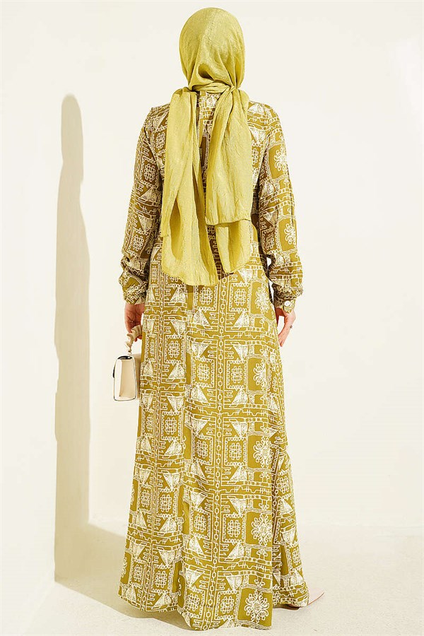 Half-Buttoned Dress with Yoke, Olive Green
