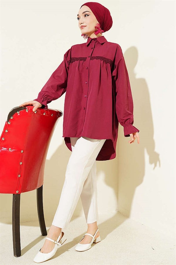 Burgundy Poplin Shirt with Lace Trim