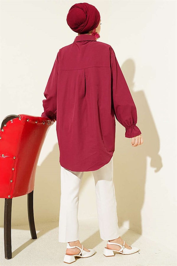 Burgundy Poplin Shirt with Lace Trim
