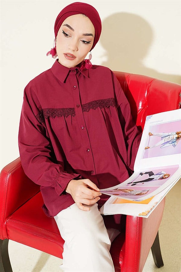Burgundy Poplin Shirt with Lace Trim