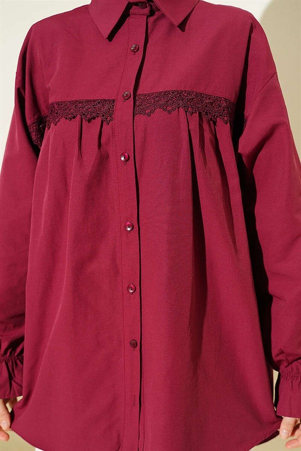 Burgundy Poplin Shirt with Lace Trim