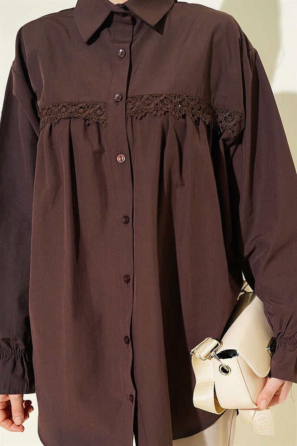 Poplin Shirt with Lace Trim, Brown