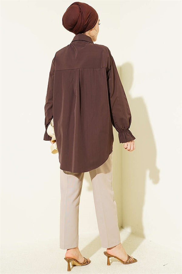 Poplin Shirt with Lace Trim, Brown