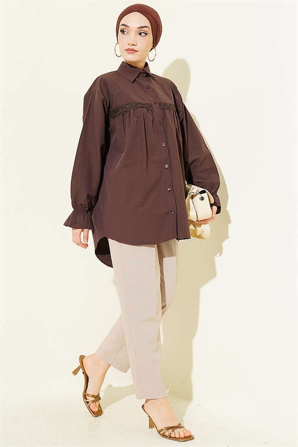 Poplin Shirt with Lace Trim, Brown