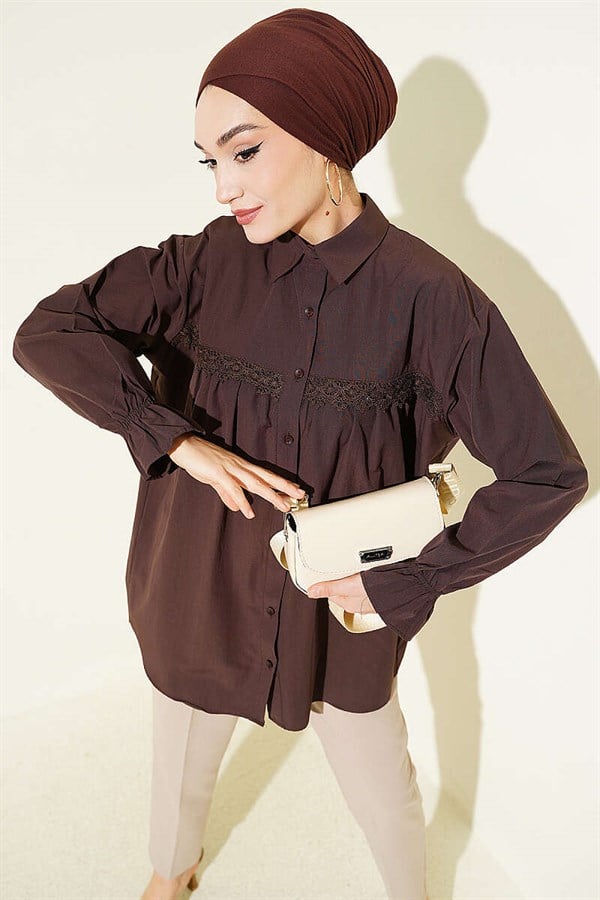 Poplin Shirt with Lace Trim, Brown