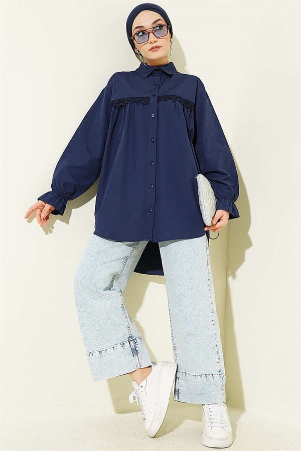 Navy Blue Poplin Shirt with Lace Trim