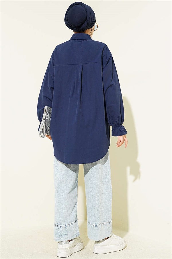 Navy Blue Poplin Shirt with Lace Trim