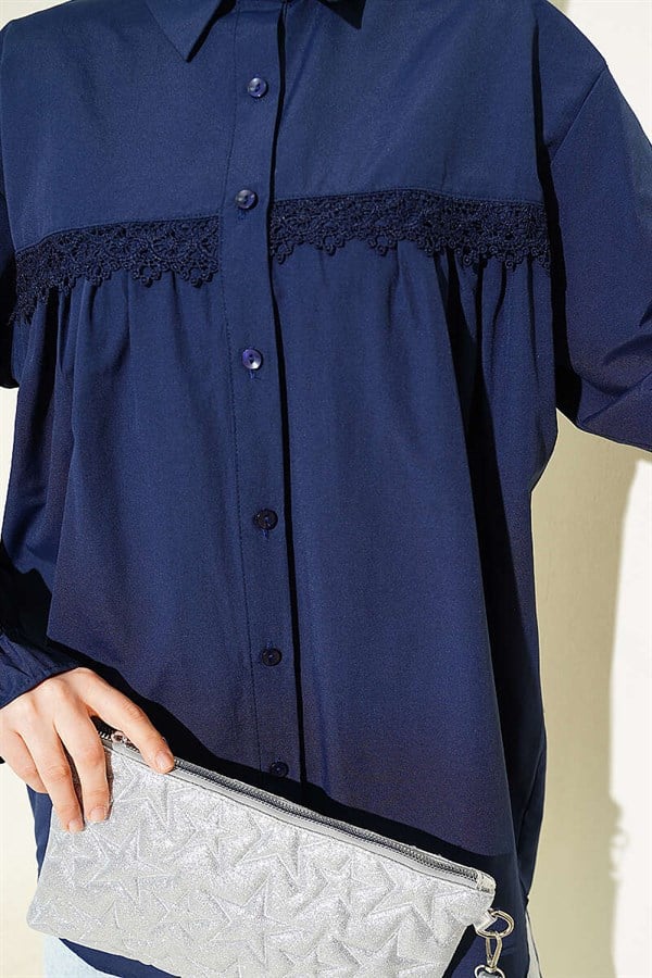 Navy Blue Poplin Shirt with Lace Trim