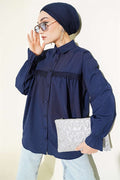 Navy Blue Poplin Shirt with Lace Trim