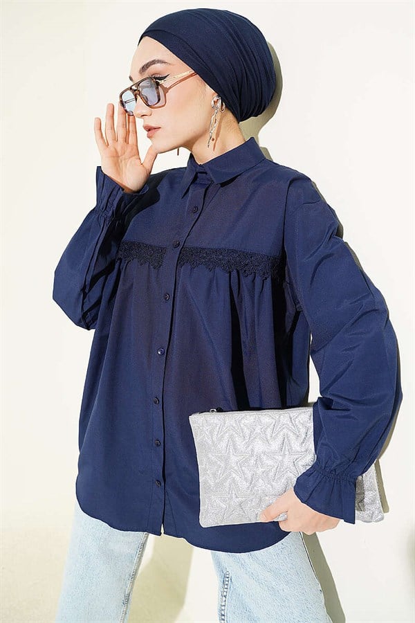 Navy Blue Poplin Shirt with Lace Trim