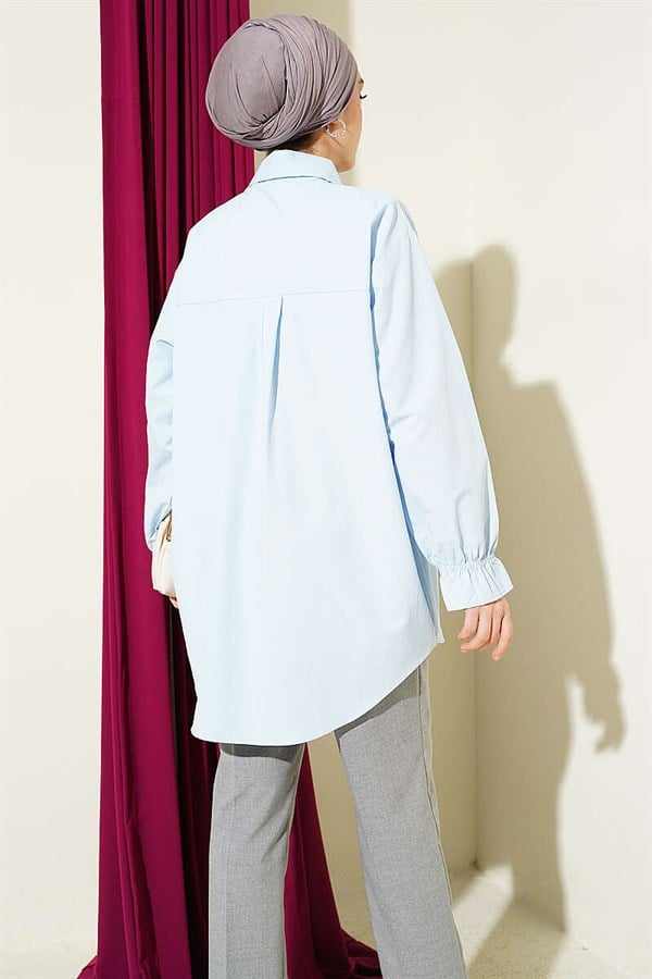 Blue Poplin Shirt with Lace Trim