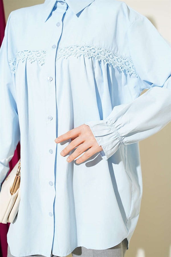 Blue Poplin Shirt with Lace Trim