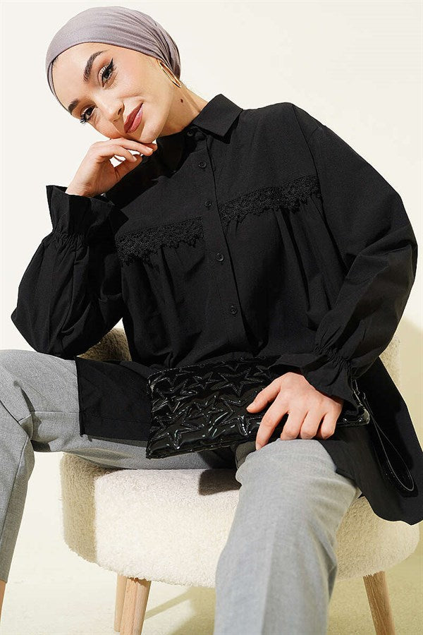 Black Poplin Shirt with Lace Trim