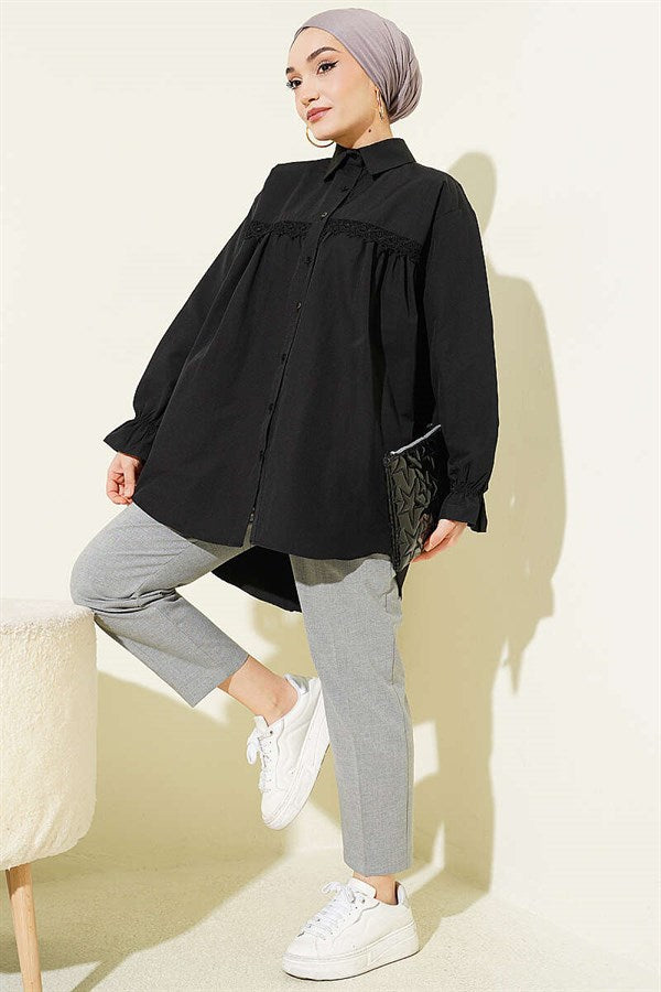 Black Poplin Shirt with Lace Trim