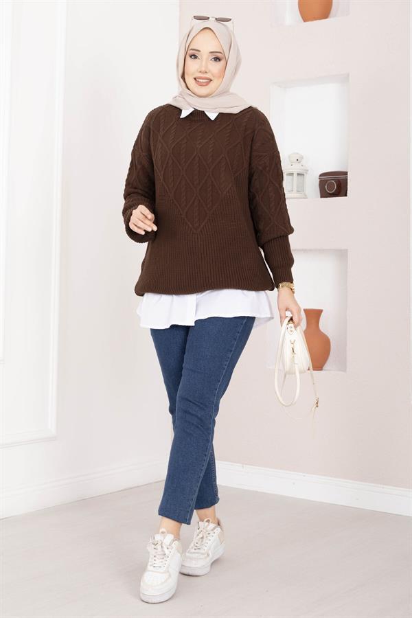 Cable Knit Pattern Sweater, Brown