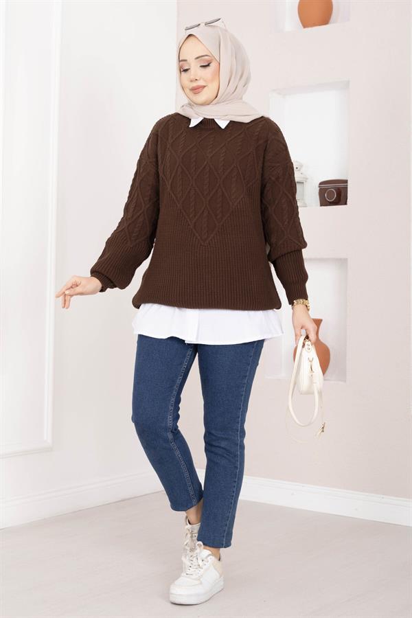 Cable Knit Pattern Sweater, Brown