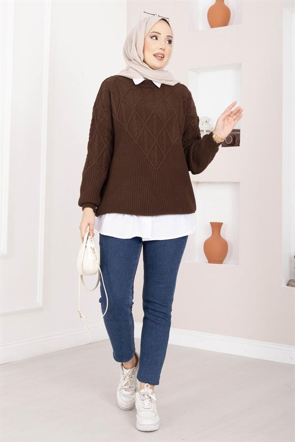 Cable Knit Pattern Sweater, Brown