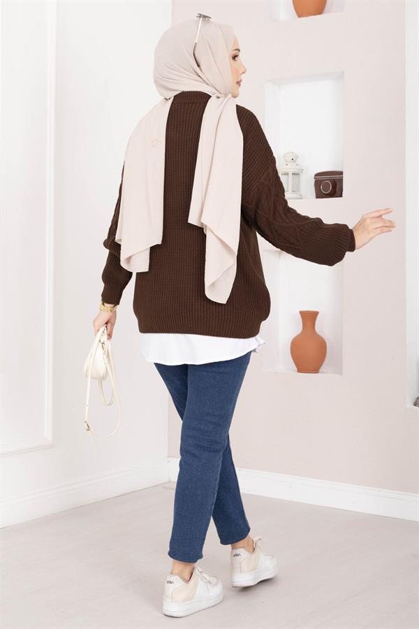 Cable Knit Pattern Sweater, Brown