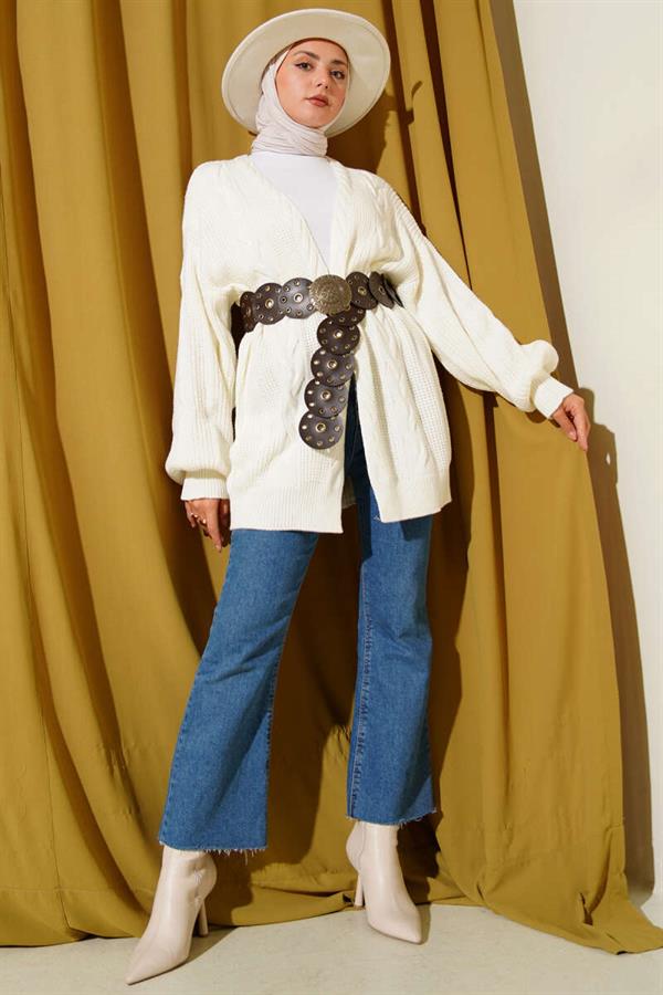 Cardigan with Hair Braid Detail in Ecru