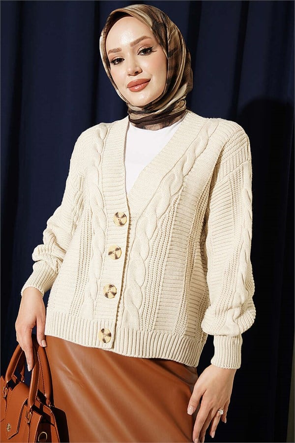 Braided Buttoned Short Knit Cardigan in Beige