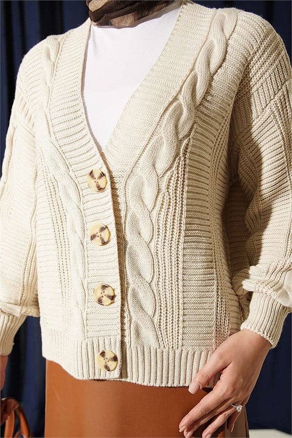Braided Buttoned Short Knit Cardigan in Beige
