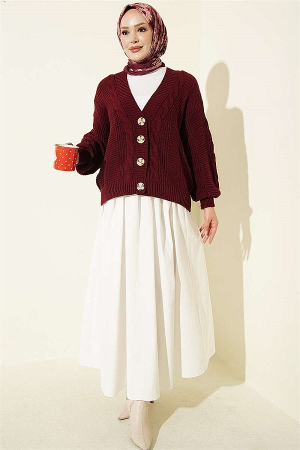 Hair Braid Buttoned Knit Short Cardigan Burgundy