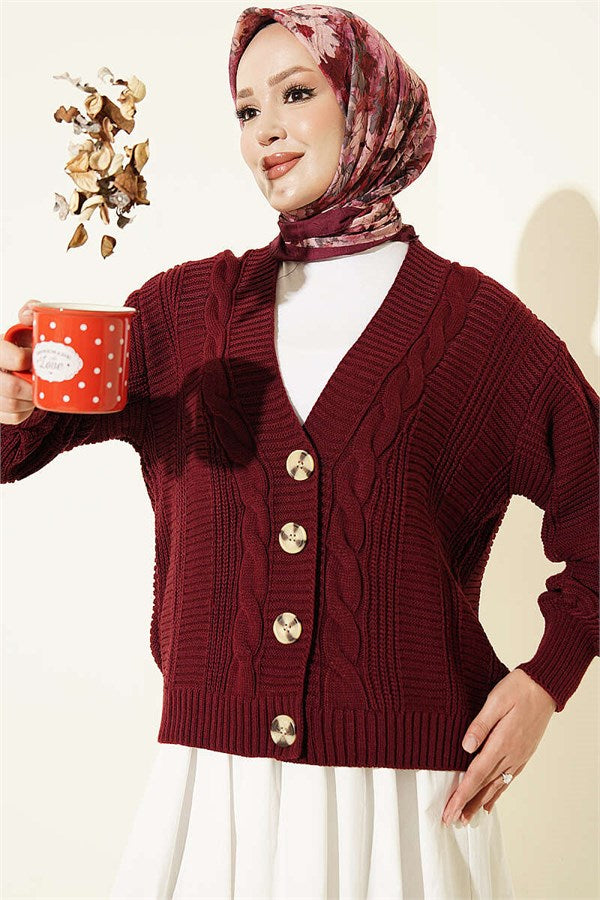 Hair Braid Buttoned Knit Short Cardigan Burgundy