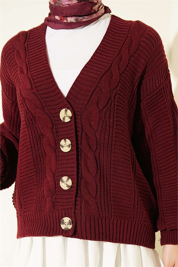 Hair Braid Buttoned Knit Short Cardigan Burgundy