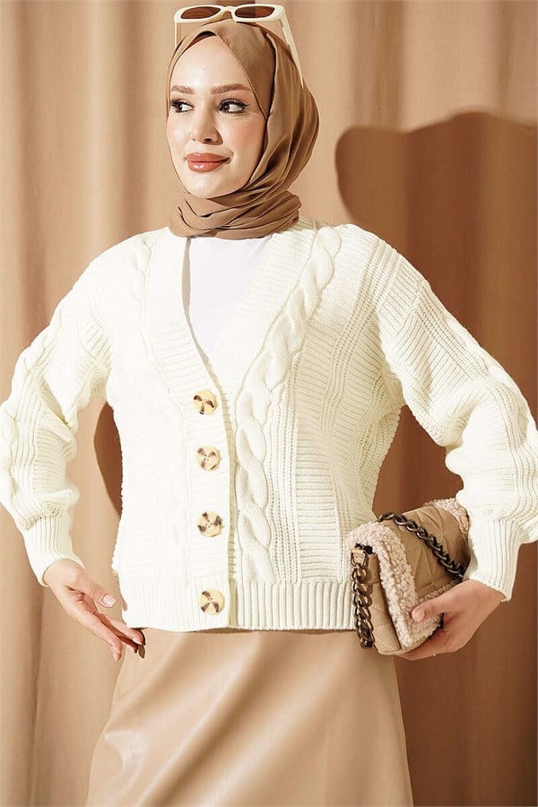 Cable Knit Buttoned Short Cardigan, Ecru