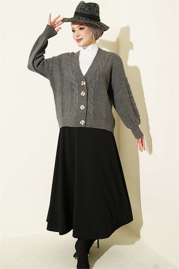 Braided Buttoned Short Knit Cardigan, Smoke Grey